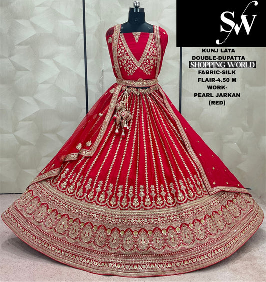 Lovely Red Double Dupatta Sabyasachi Silk Bridal Lehenga