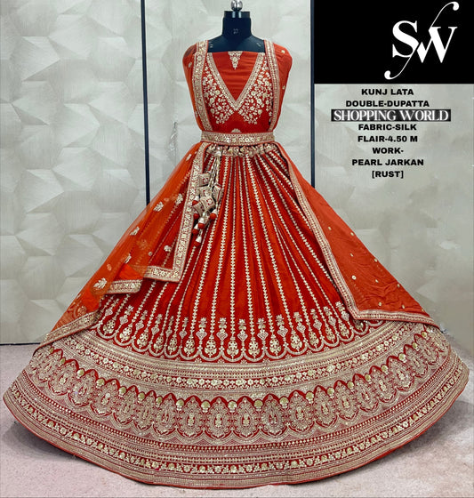 Good looking Rust Orange Double Dupatta Silk Sabyasachi Bridal Lehenga