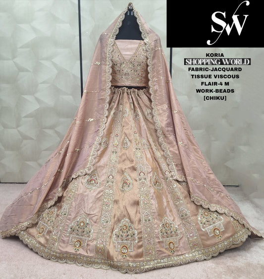Embellished Sky blue Beads Jacquard Tissue Viscous Lehenga