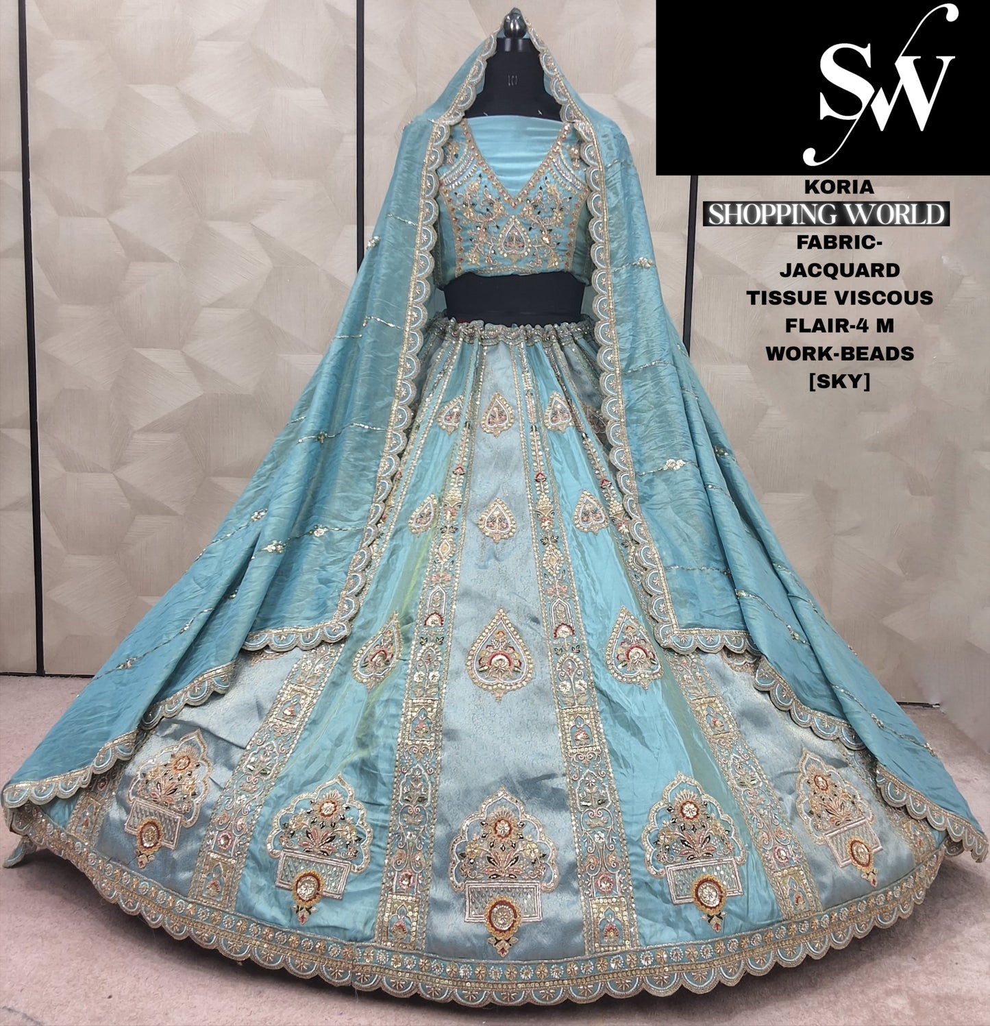 Delightful Chiku golden Beads Jacquard Tissue Viscous Lehenga