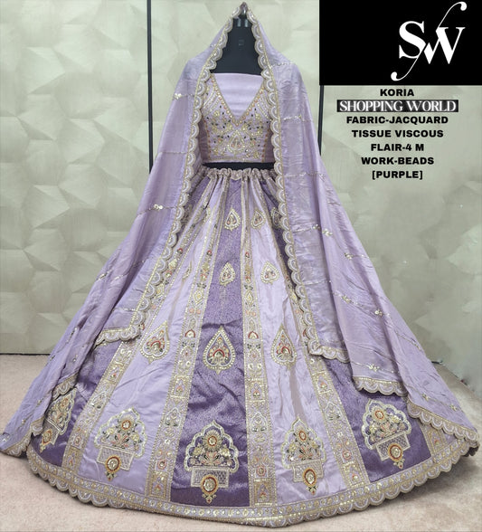 Delightful Chiku golden Beads Jacquard Tissue Viscous Lehenga