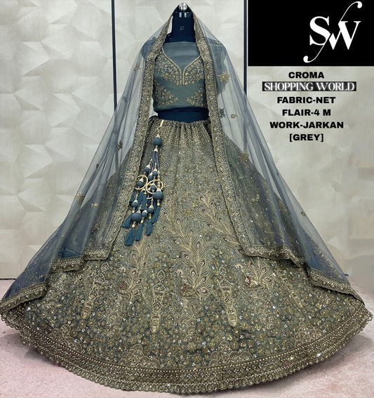 Awesome Grey Jarkan Net Lehenga