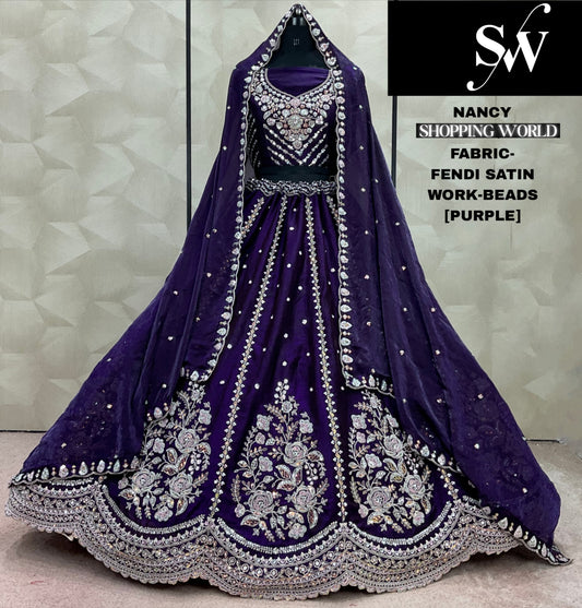 Something different mustard Beads Fendi Satin Lehenga