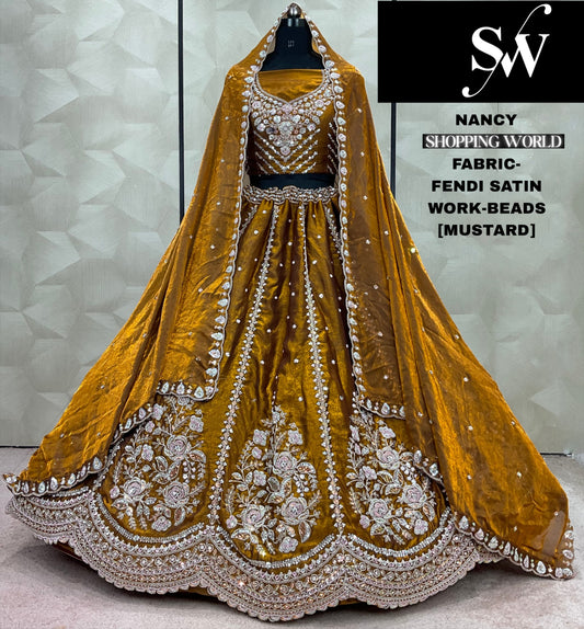 आकर्षक वाइन बीड्स फेंडी साटन लेहंगा