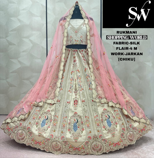 Designer White pink peacock Jarkan Work Silk Lehenga