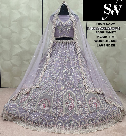 Elegant pink peacock Beads Work Net Lehenga