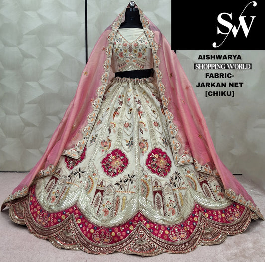 Awesome Golden Chiku Jarkan Net  Lehenga