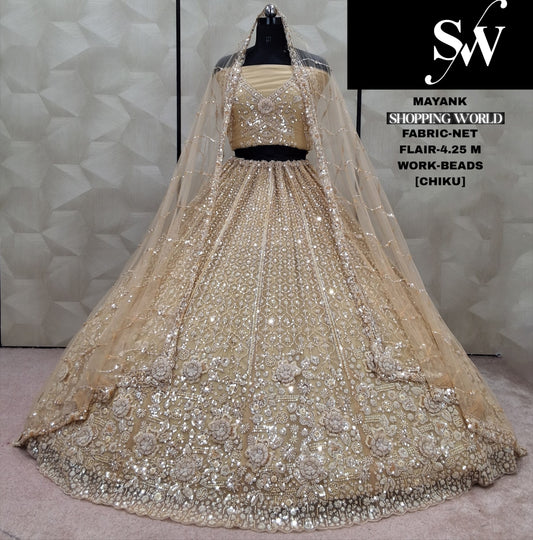 Designer golden Beads Work Net  Lehenga