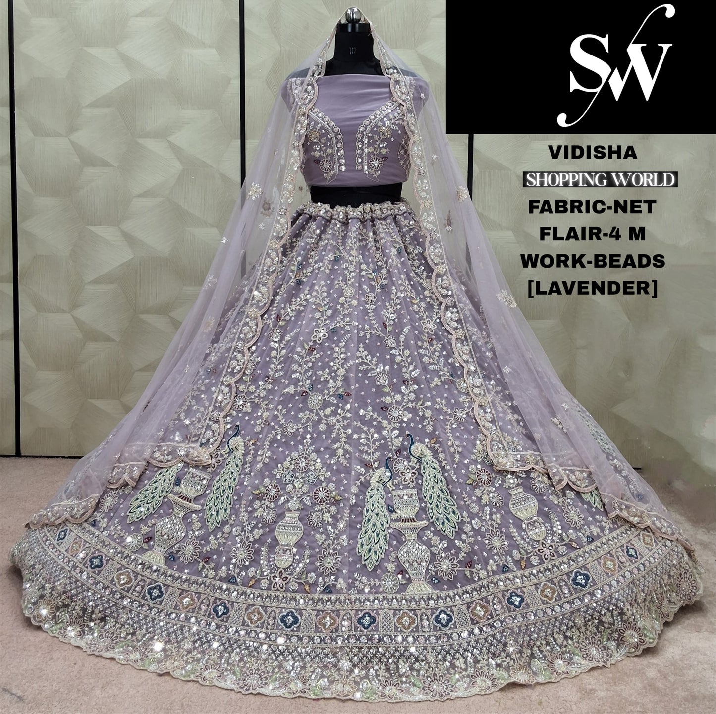 Designer Chiku golden Peacock Beads Net Lehenga