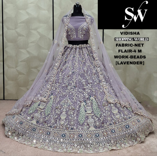 Stunning Sky blue Sea green Peacock Beads Net Lehenga