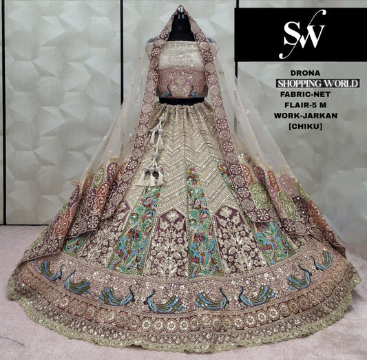 Astonishing Golden Chiku  Peacock Jarkan Net  Lehenga