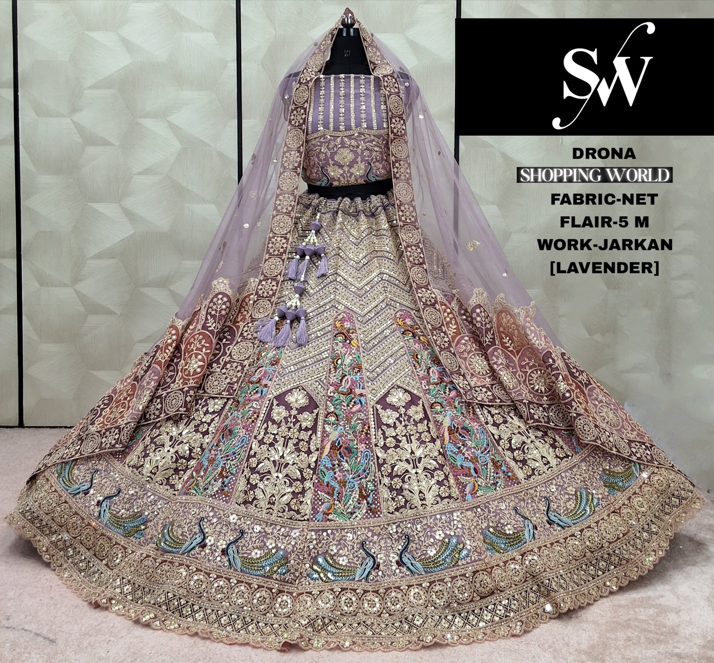 Astonishing Golden Chiku Peacock Jarkan Net Lehenga