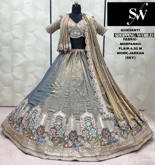Beautiful Grey Sky blue Jarkan Morpankh Lehenga