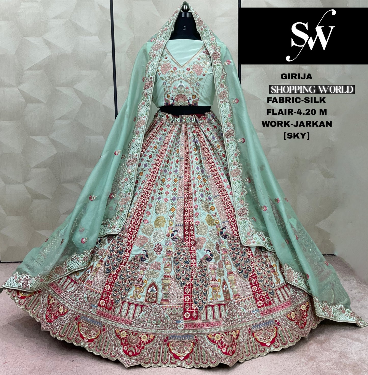Pleasing Lemon Green peacock Jarkan Silk Lehenga