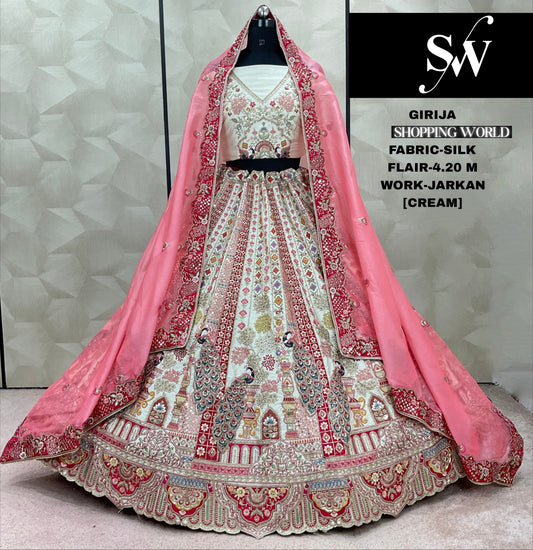 Majestic pink peacock Jarkan Silk Lehenga