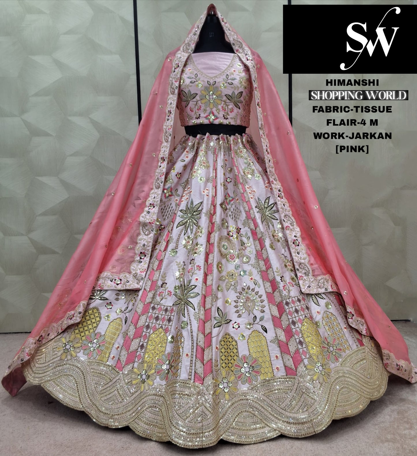 Eye catching Lemon green Jarkan Tissue Lehengay
