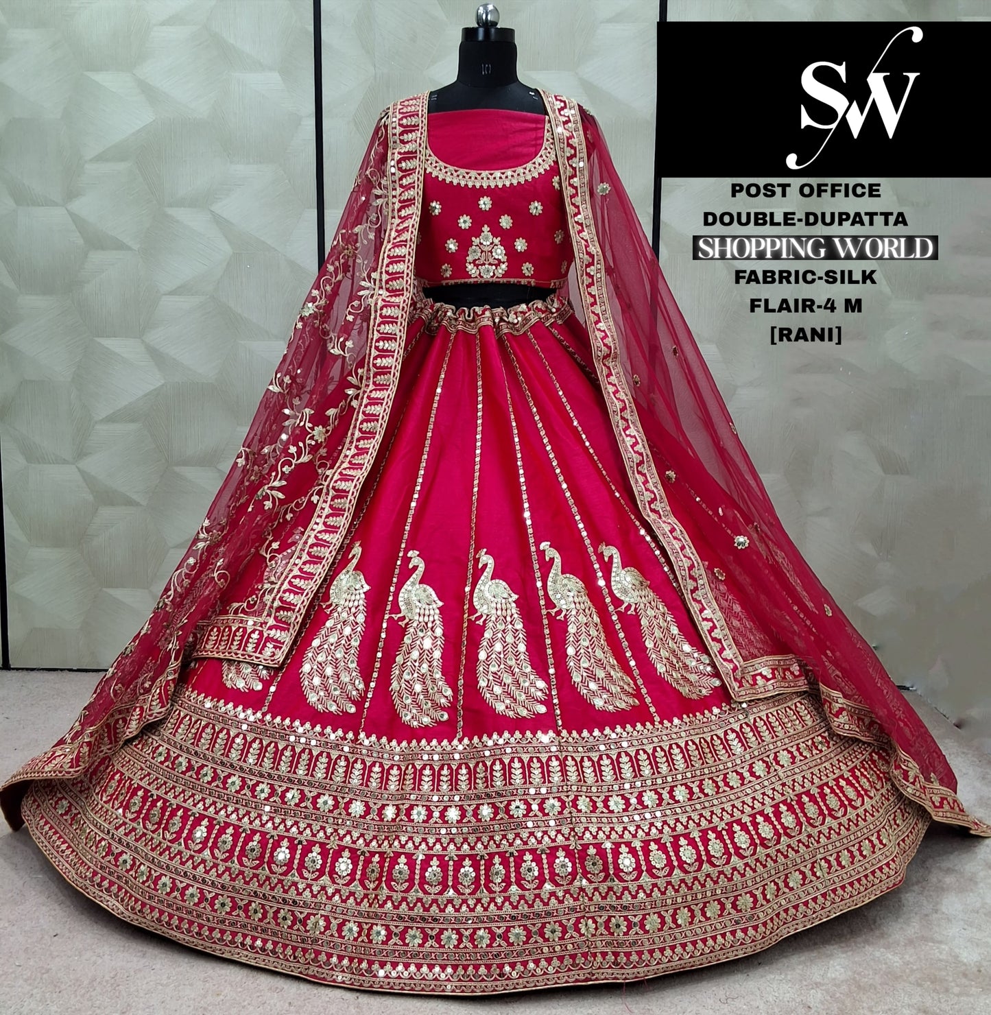 Good looking Red peacock Double Dupatta Silk Bridal Lehenga