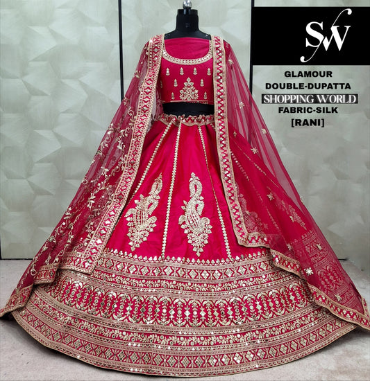 Beautiful Rani pink peacock Double Dupatta Silk Sabyasachi Bridal Lehenga