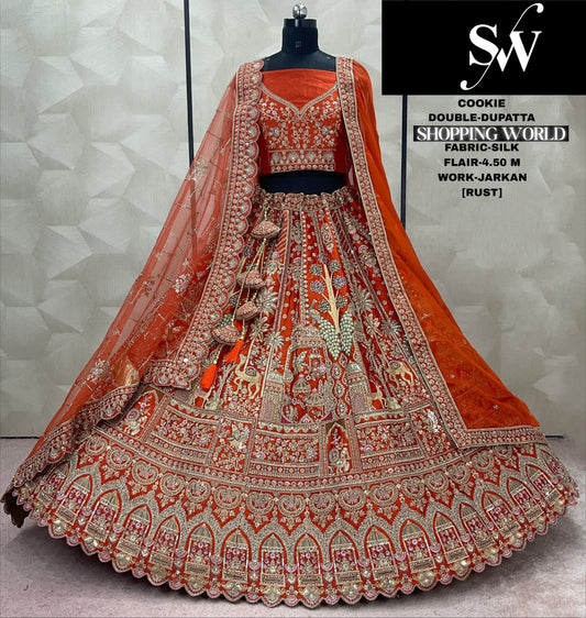 Astonishing rust orange peacock Double Dupatta Silk Bridal Lehenga