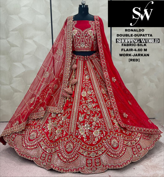 Fantastic Red Double Dupatta Jarkan Silk Bridal Lehenga