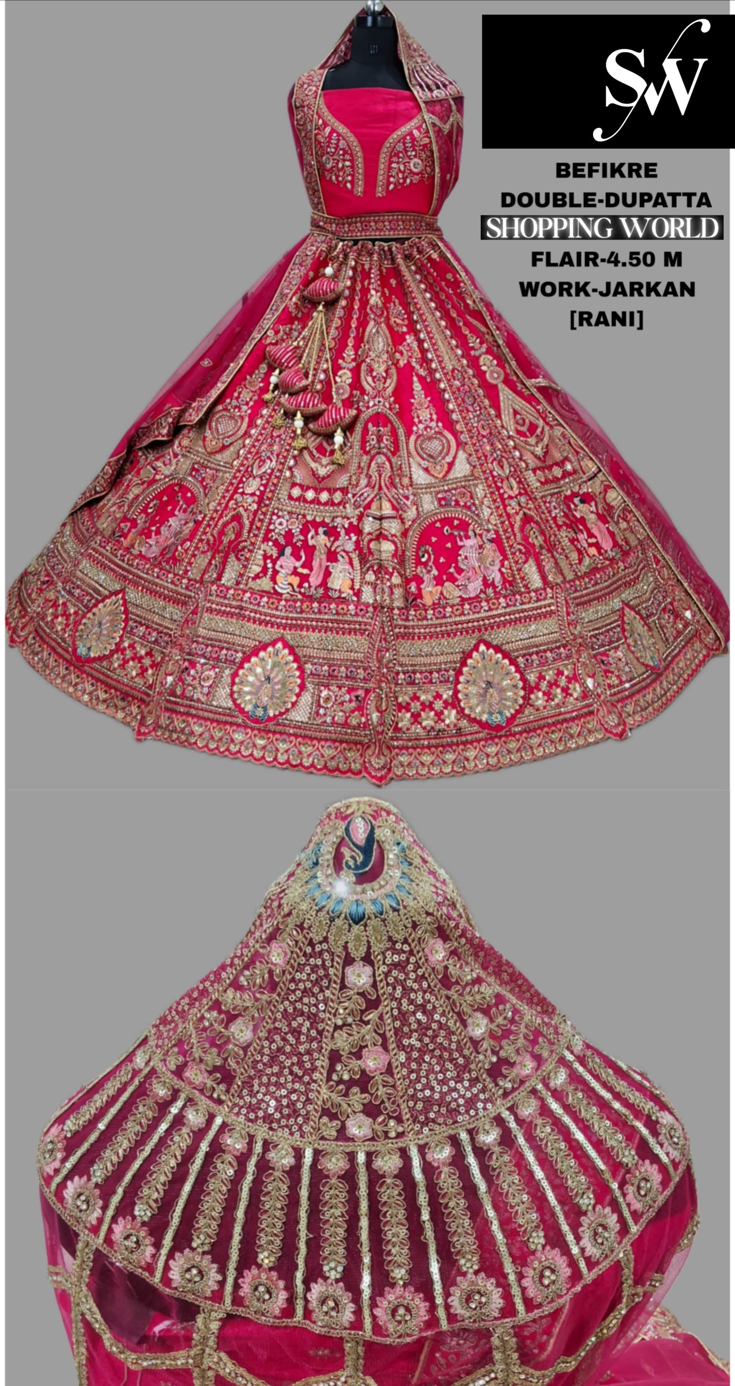 Majestic red Doli barat Double Dupatta Jarkan Silk Bridal Lehenga