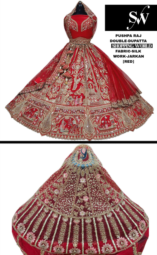 Majestic red Doli barat Double Dupatta Jarkan Silk Bridal Lehenga