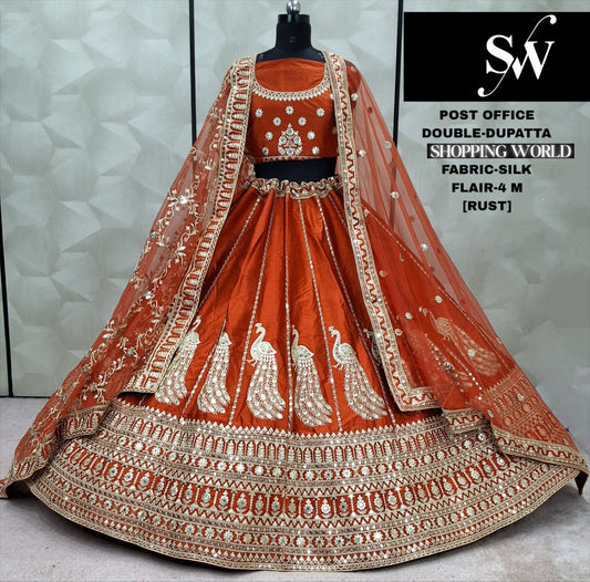 Good looking Red peacock Double Dupatta Silk Bridal Lehenga