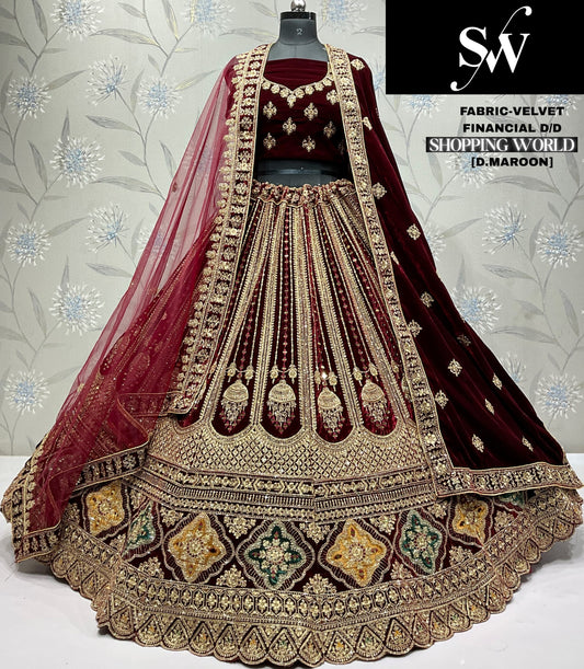 Designer Dark maroon maroon Double duptta Velvet Bridal Lehenga