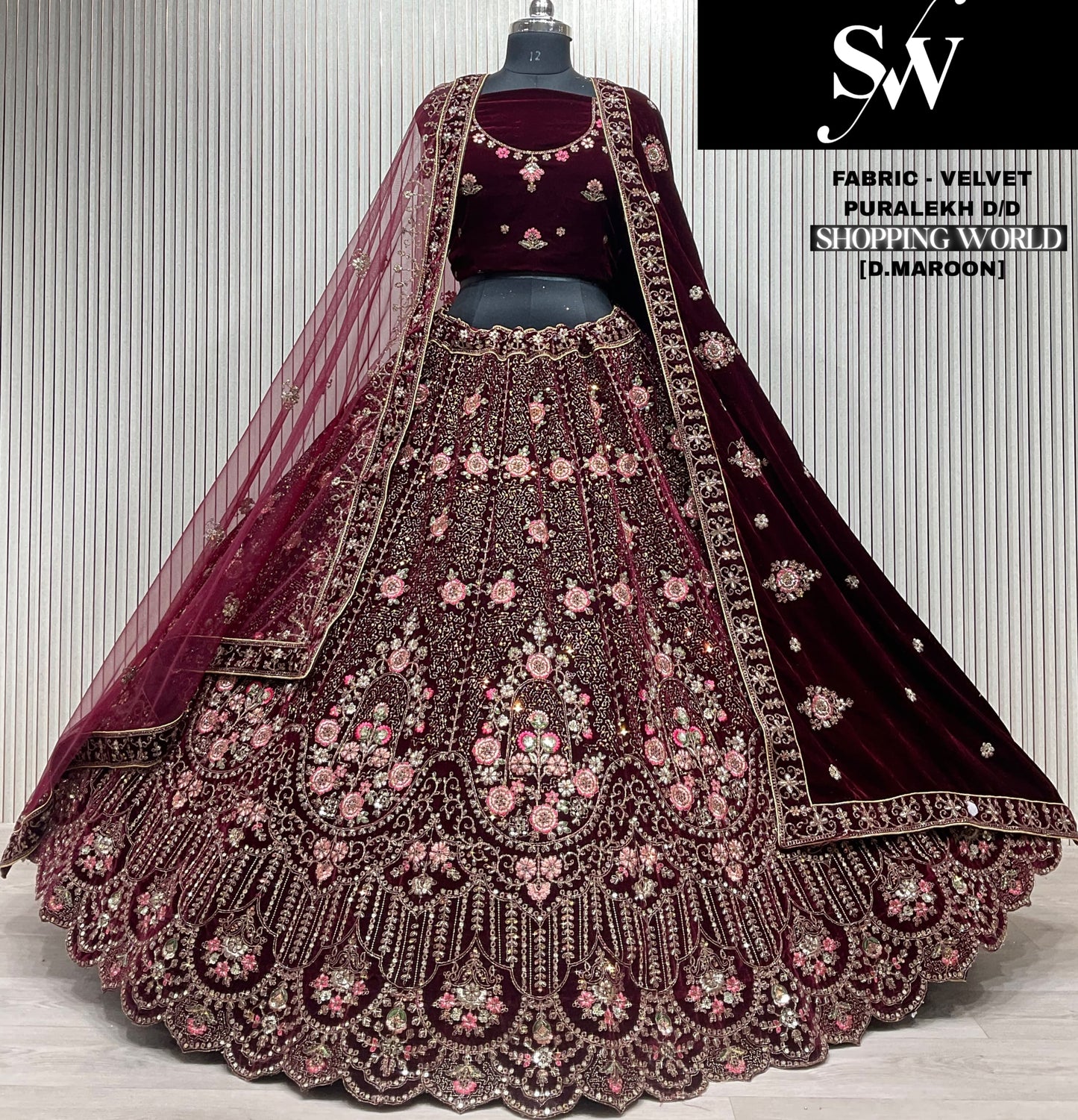 Glamorous Dark red Double duptta Velvet Bridal Lehenga