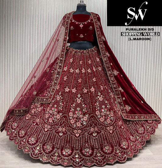 Stunning Dark maroon maroon Double duptta Velvet Bridal Lehenga