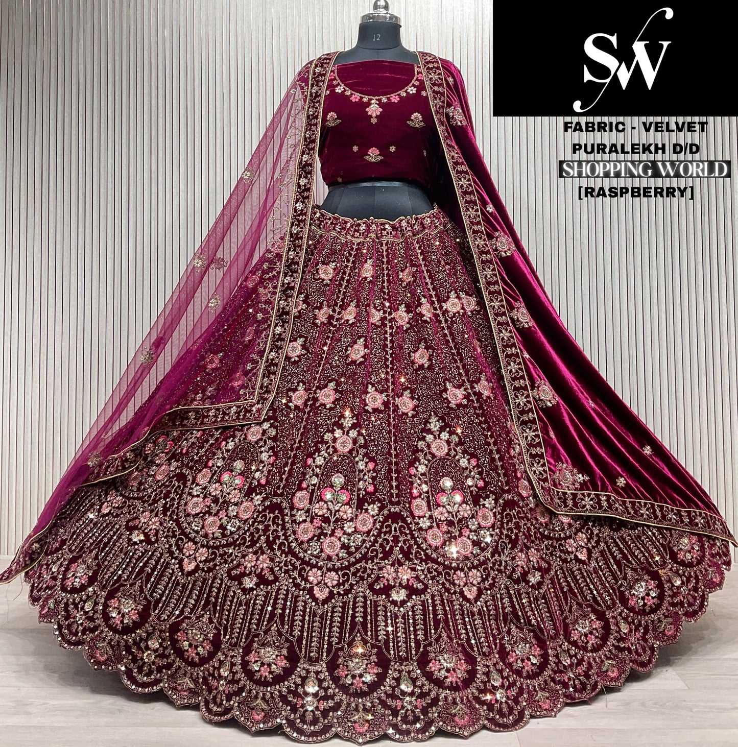 Stunning Dark maroon maroon Double duptta Velvet Bridal Lehenga