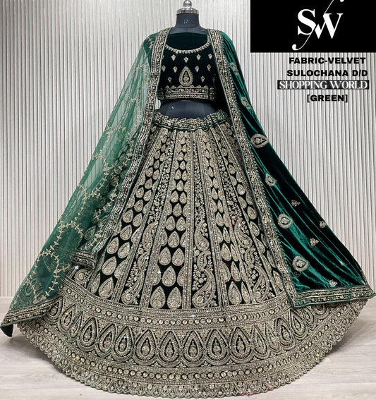 Majestic Green Double duptta Velvet Bridal Lehenga
