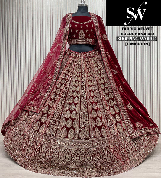 Lavishing light maroon Double duptta Velvet Bridal Lehenga