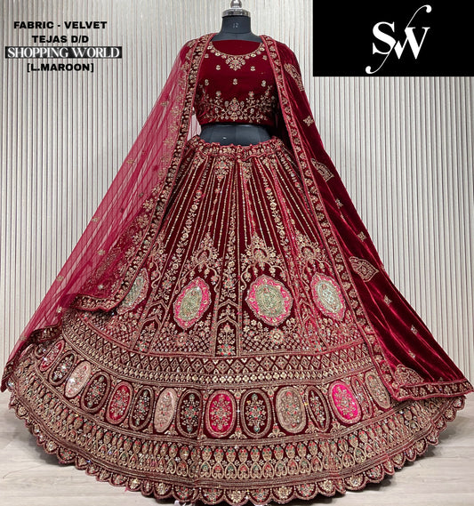 Astonishing light maroon Double duptta Velvet Bridal Lehenga