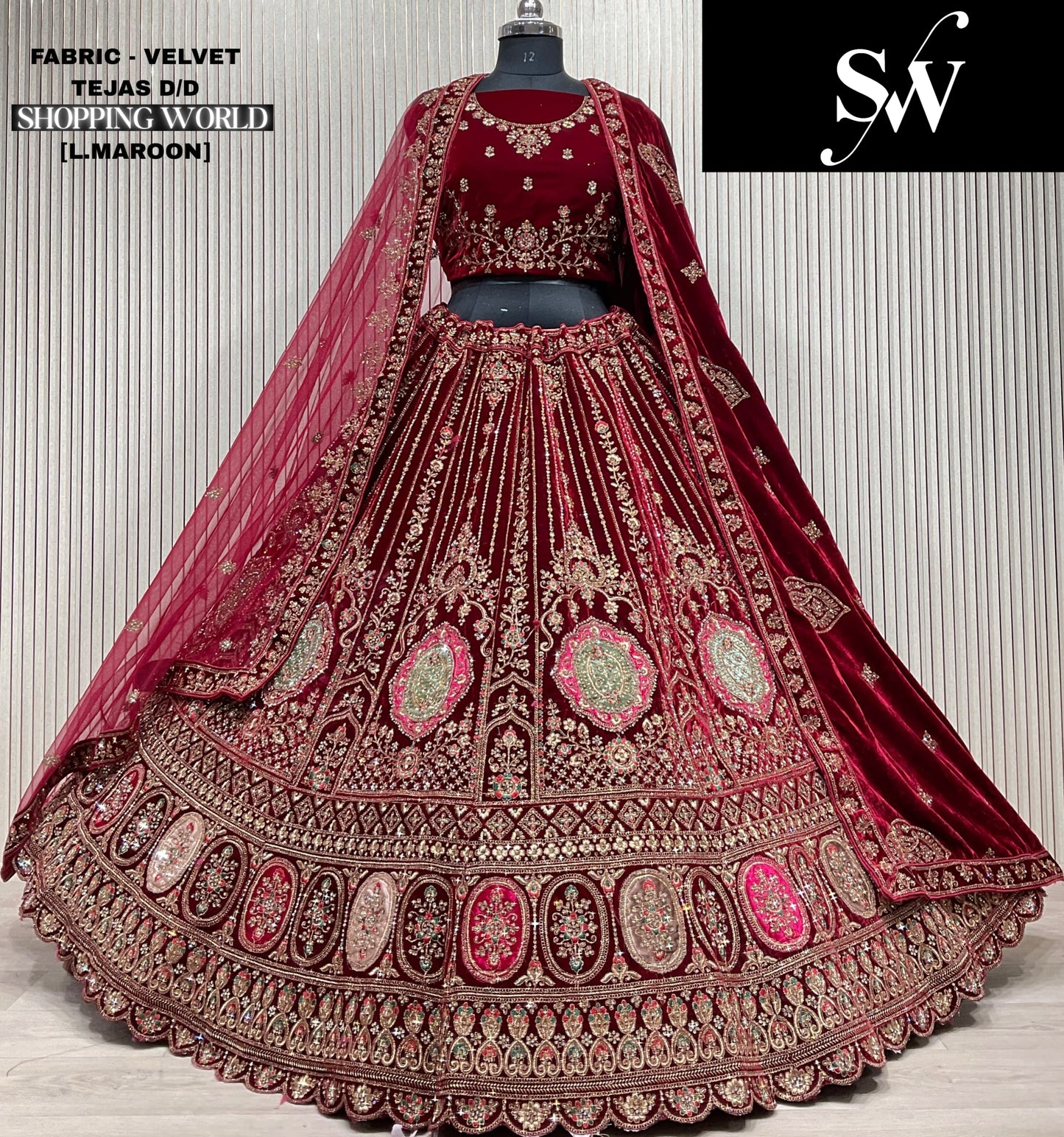 Fabulous Dark maroon Double duptta Velvet Bridal Lehenga