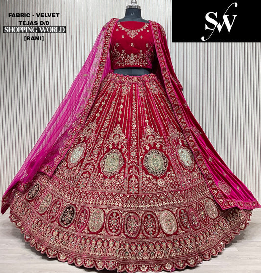 Attractive Rani pink Double duptta Velvet Bridal Lehenga