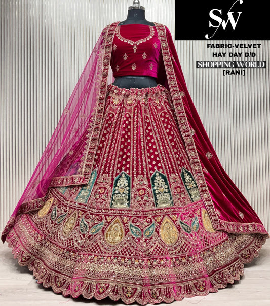 Embellished Rani pink Double duptta Velvet Bridal Lehenga