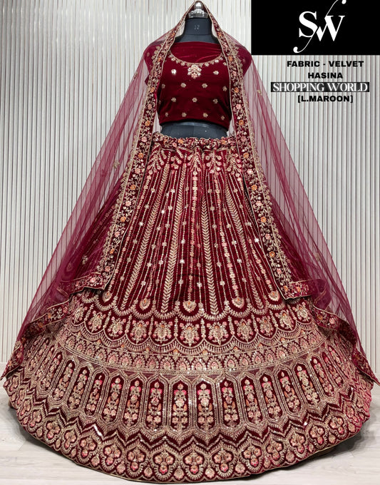 Elegant light maroon Double duptta Velvet Bridal Lehenga