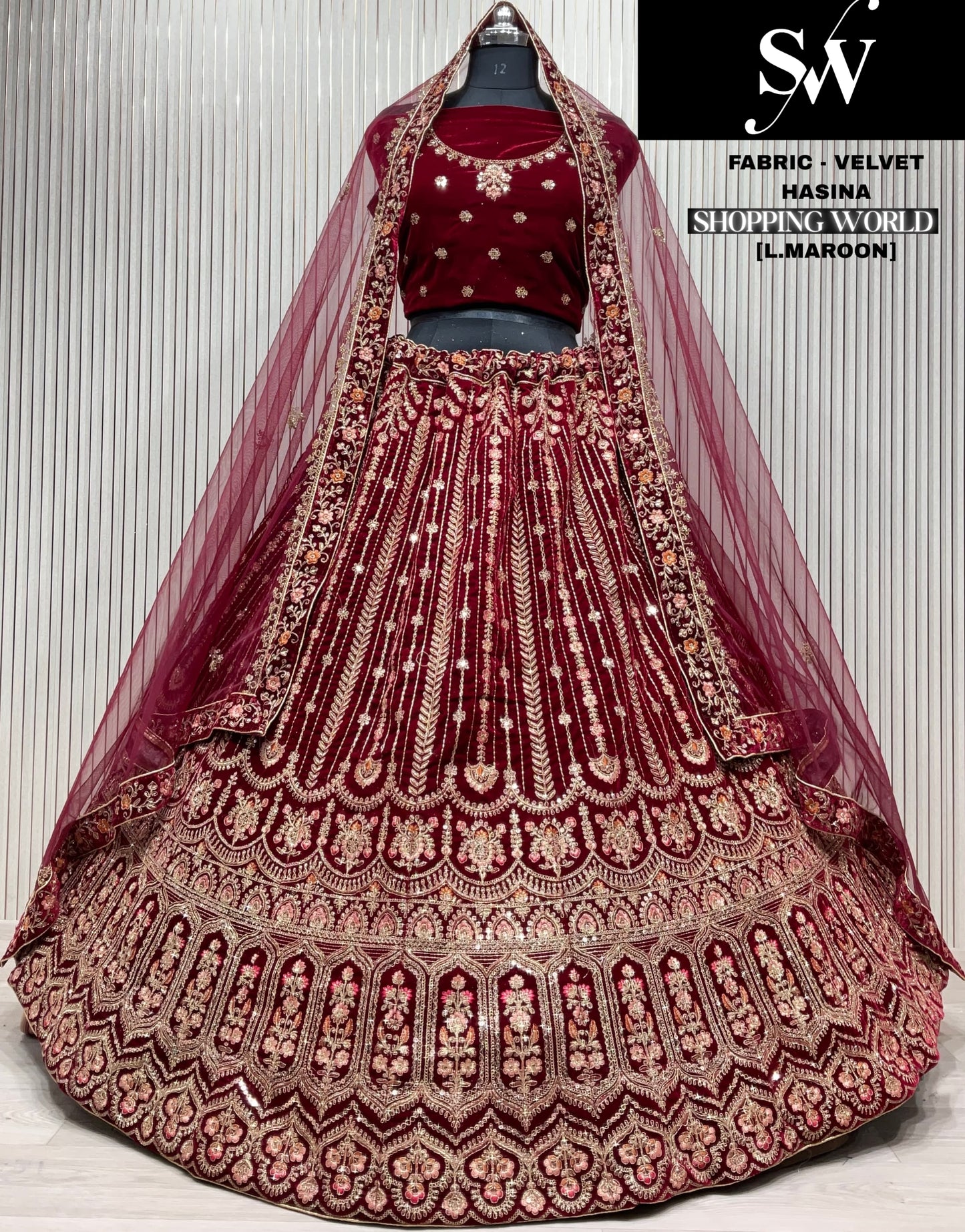 Delightful Dark maroon Double duptta Velvet Bridal Lehenga