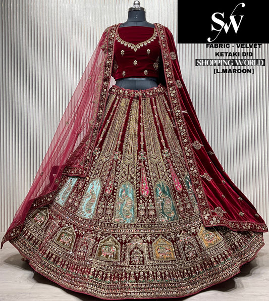 Fantastic Light maroon Double duptta Velvet Bridal Lehenga
