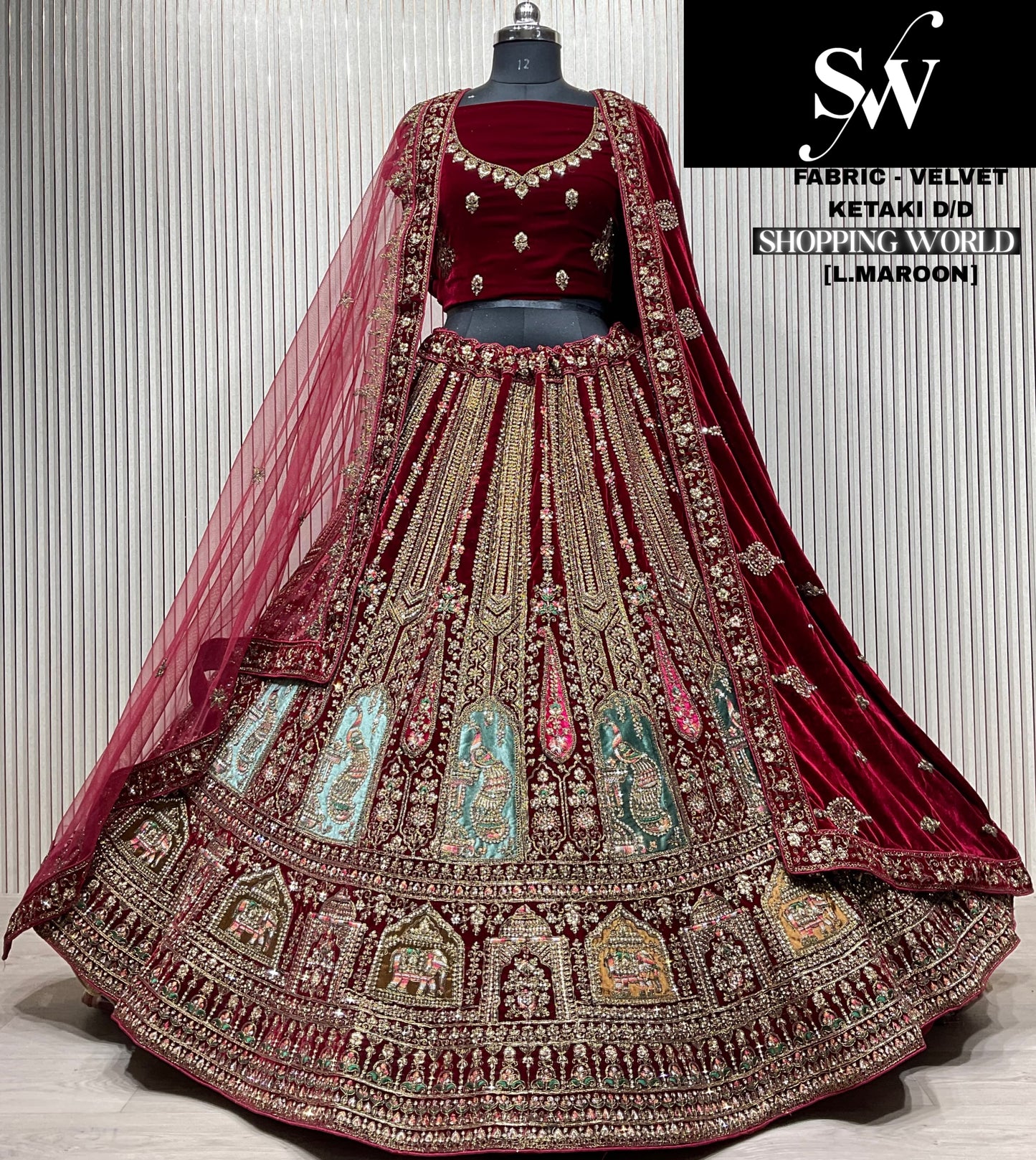 Amazing Dark maroon Double duptta Velvet Bridal Lehenga
