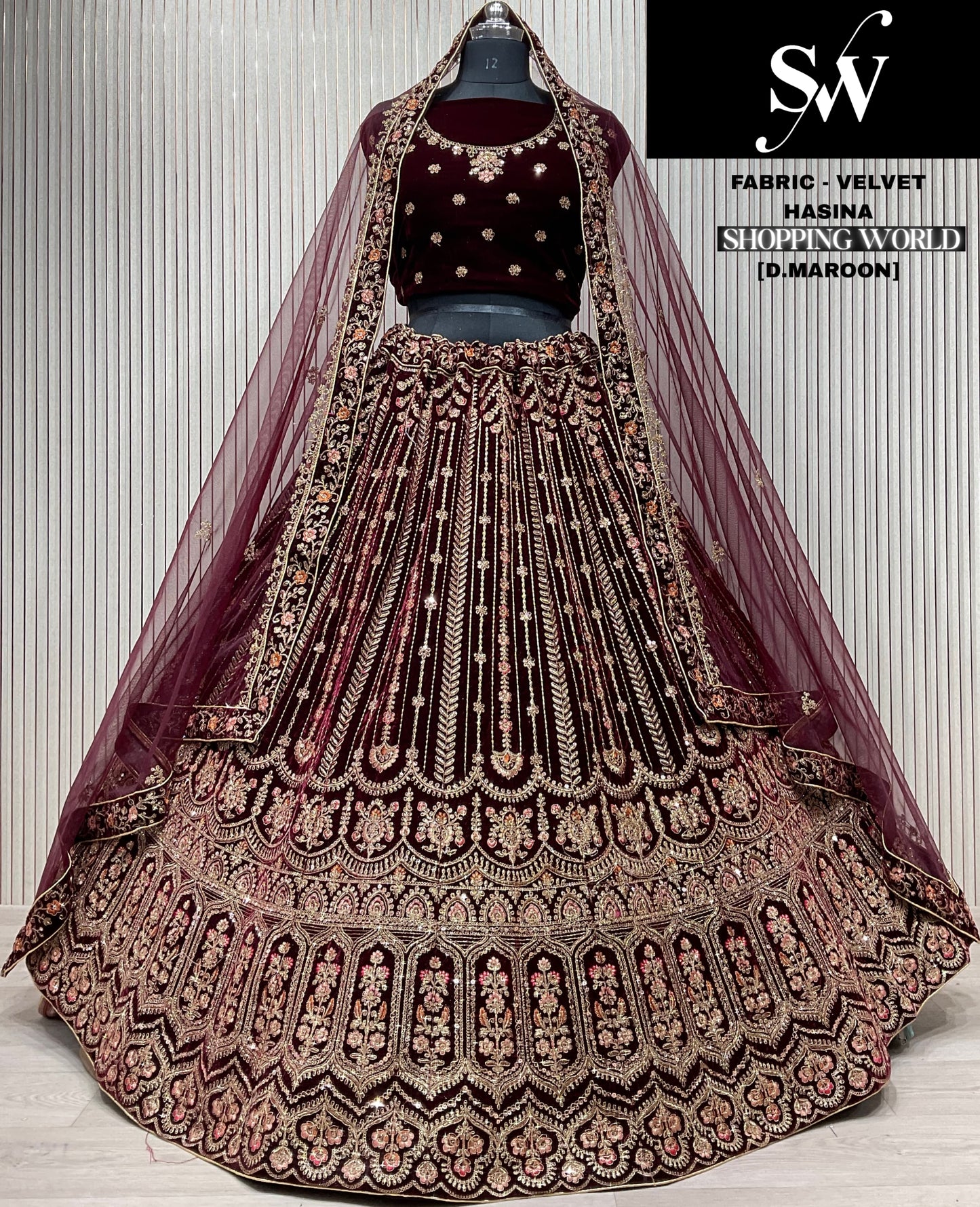 Elegant light maroon Double duptta Velvet Bridal Lehenga