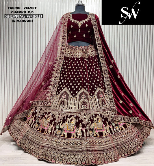 Khoobsurat Dark maroon Doli barat Double duptta Velvet Bridal Lehenga