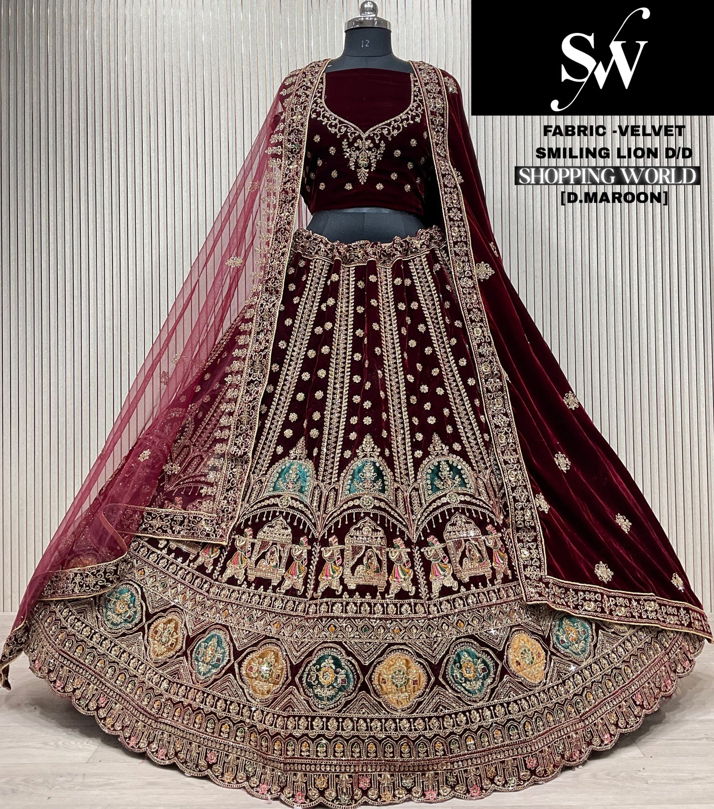 Astonishing Light maroon Doli barat Velvet Lehenga