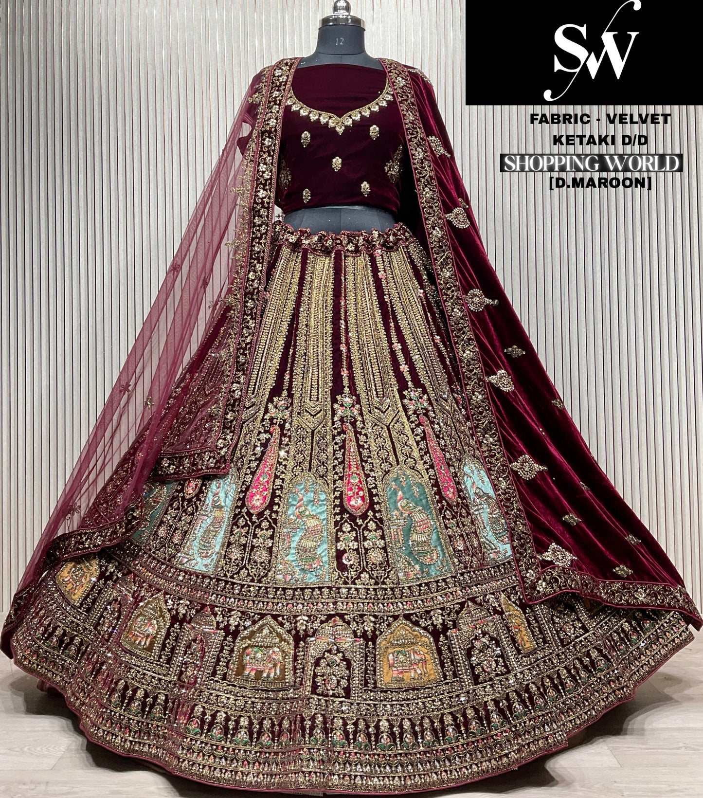 Awesome Raspberry Red Double duptta Velvet Bridal Lehenga