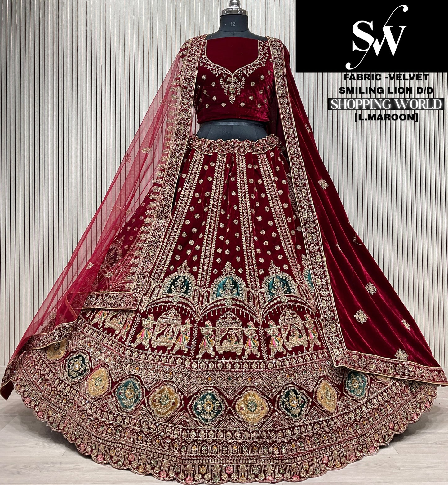 Designer Dark maroon Doli barat Velvet Lehenga