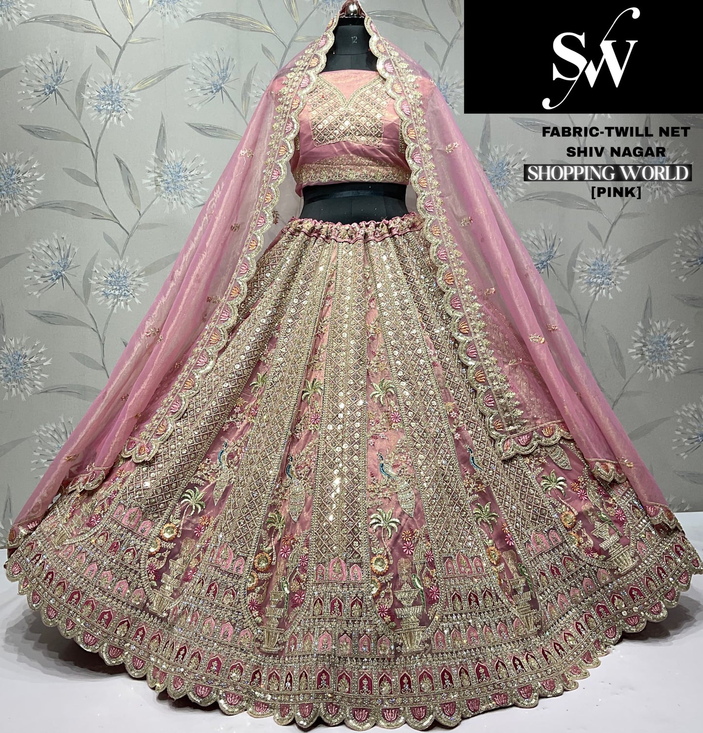 Amazing peach peacock Twill Net Lehenga