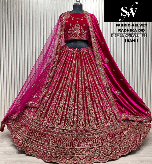 Glamorous rani pink Double duptta Velvet Bridal Lehenga