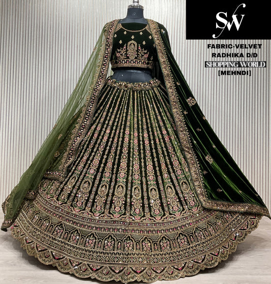 Fabulous mehendi green Double duptta Velvet Bridal Lehenga