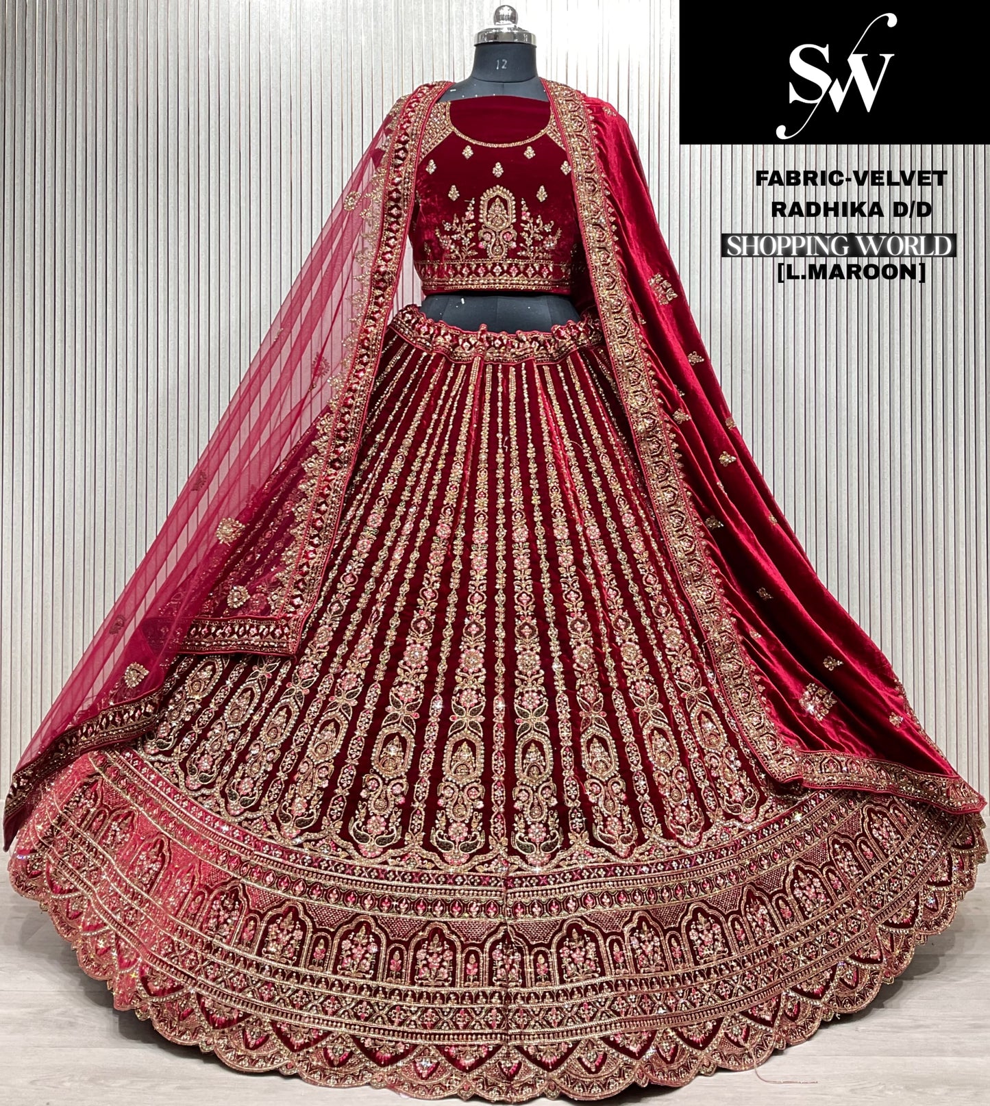 Fantastic Dark maroon Double duptta Velvet Bridal Lehenga